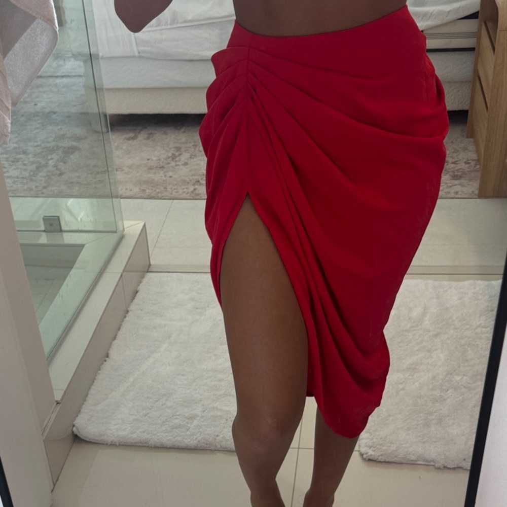 Zara Red Ruched Midi Skirt with High Side Slit